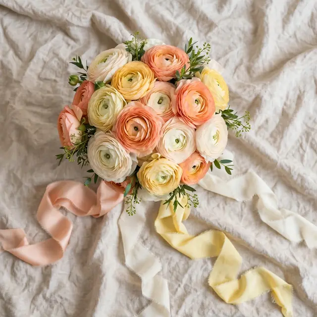 Overhead view of a peach, yellow and cream ranunculus bouquet with silk ribbons resting on crumpled linen.