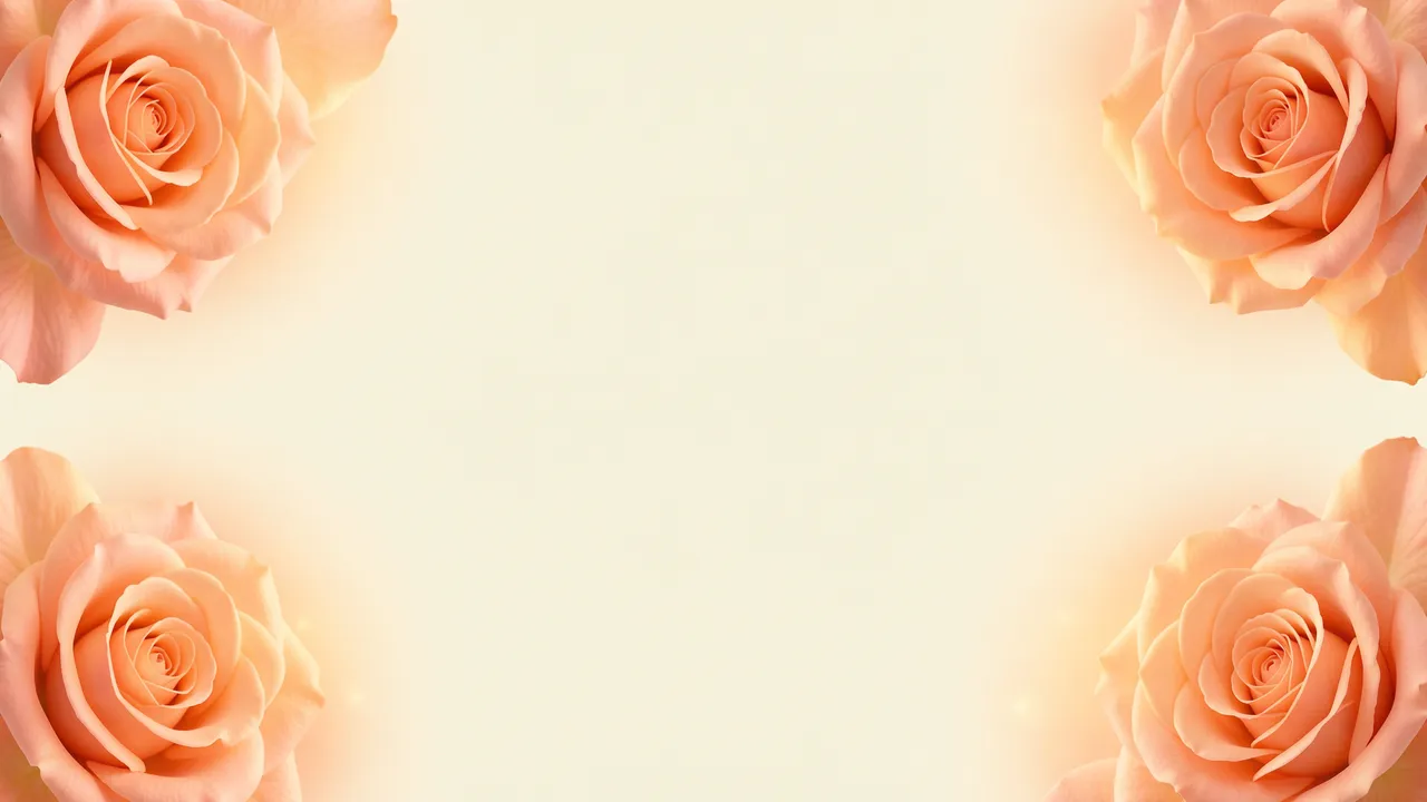 Four peach roses with soft glowing edges frame an empty pale ivory central space