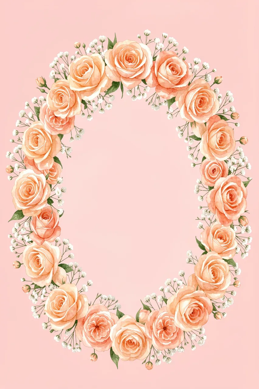 A watercolor oval frame of peach roses and white gypsophila sits on a solid blush pink background with empty central copy