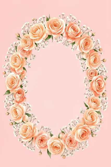 A watercolor oval frame of peach roses and white gypsophila sits on a solid blush pink background with empty central copy