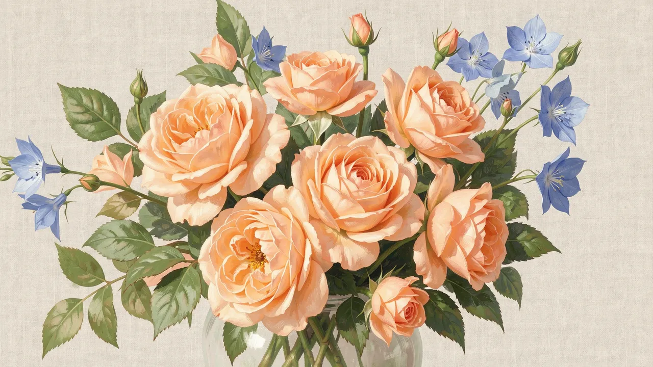 Painterly arrangement of peach roses and blue larkspur against a linen textured background