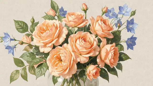 Painterly arrangement of peach roses and blue larkspur against a linen textured background