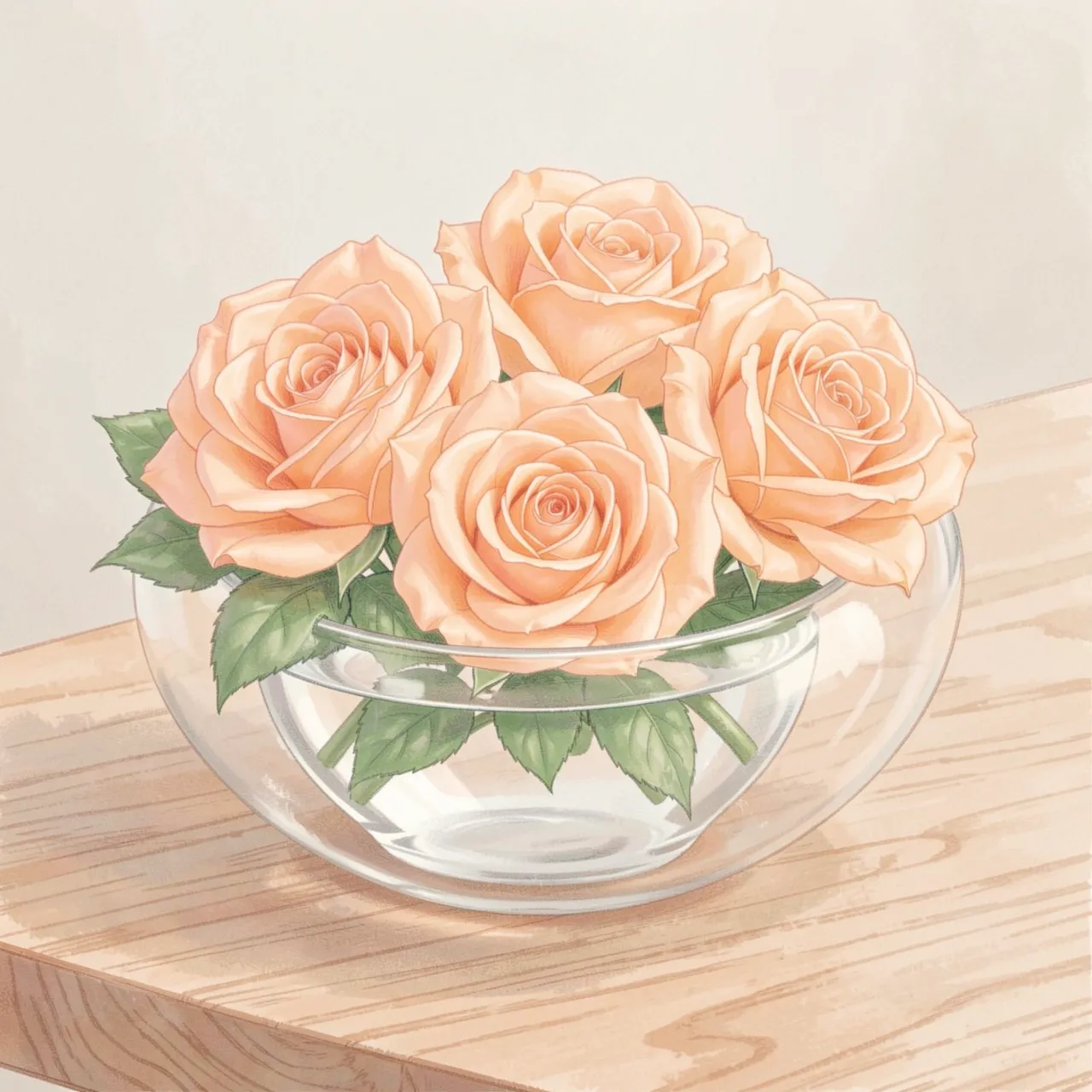 Soft pastel drawing of peach roses arranged in a shallow glass bowl on a light wooden table