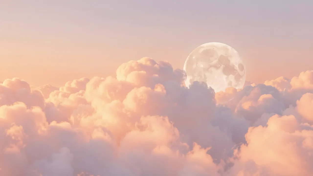 A large pale full moon sits beside soft peach-glowing cotton clouds at pastel sunrise