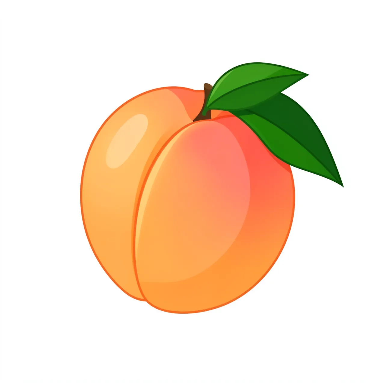 Flat clipart illustration of a ripe blushing peach with green leaves isolated on a white background