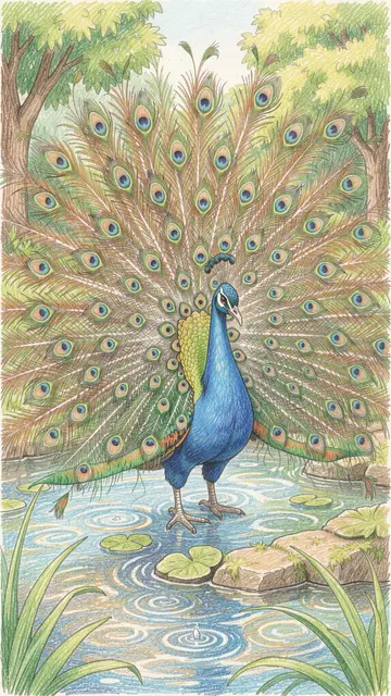 Colored pencil drawing of a peacock with fully fanned tail standing in a still garden pond