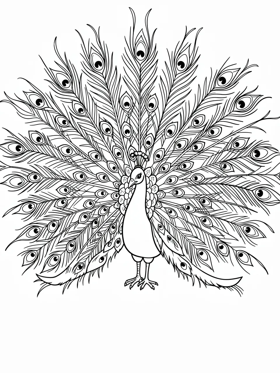 Bold black and white line art of a peacock displaying its fully fanned tail feathers on a plain white background