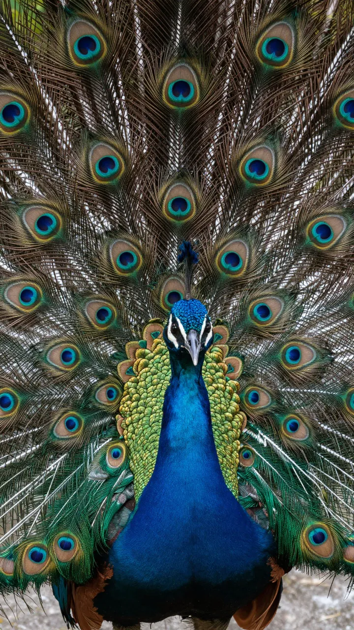 A vibrant male peacock stands facing the camera with its elaborate iridescent tail fully fanned open.