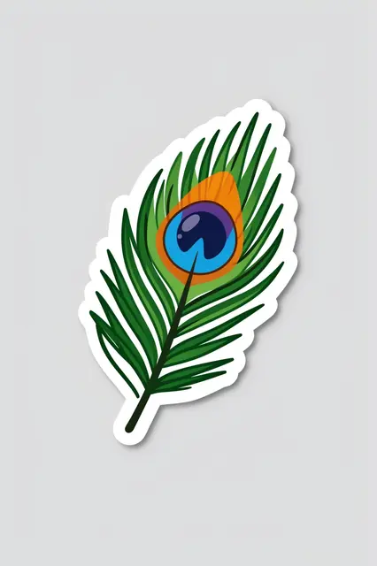 Flat illustration die-cut sticker of a peacock feather with a white border on a light gray background