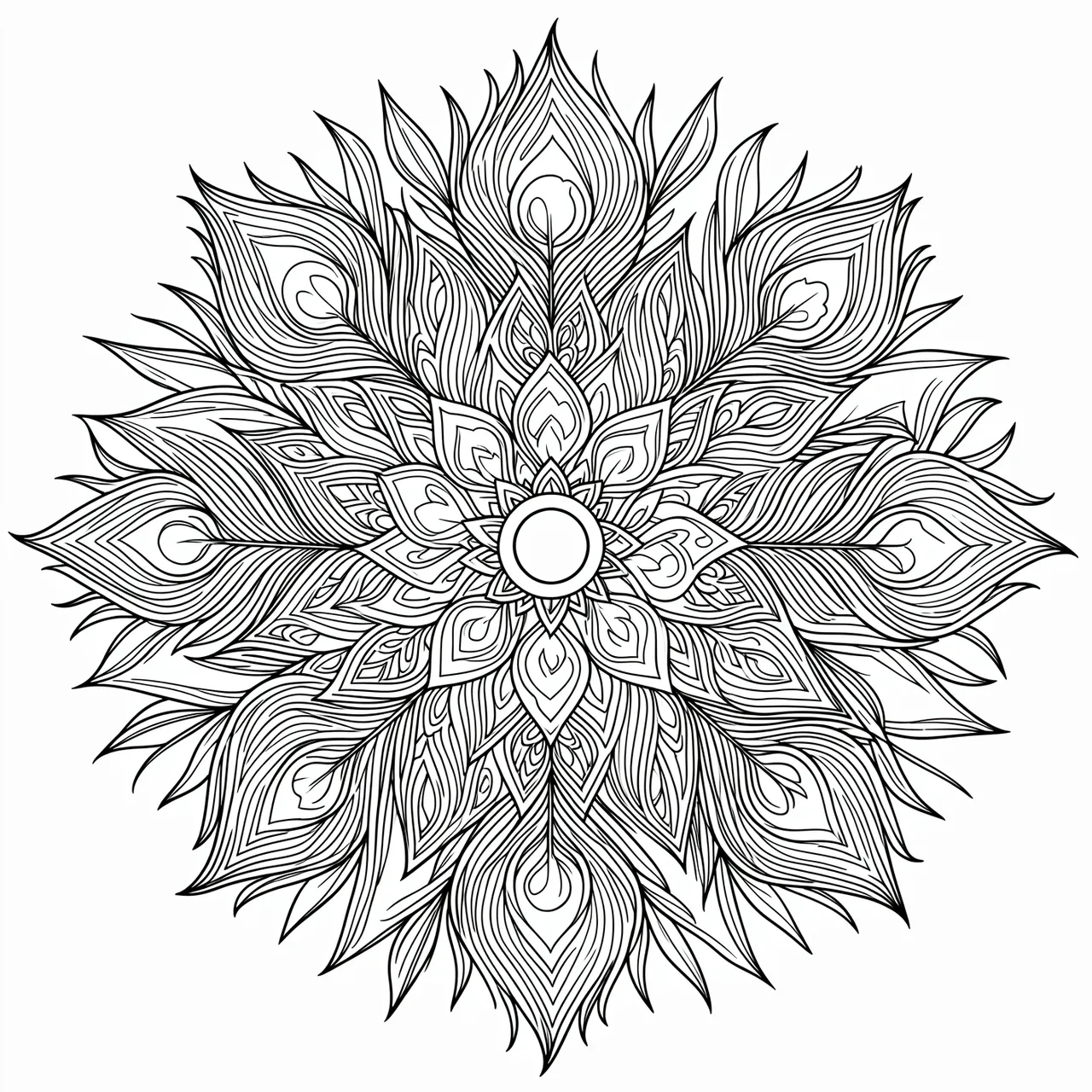 Intricate black and white peacock feather mandala line art on a plain white background