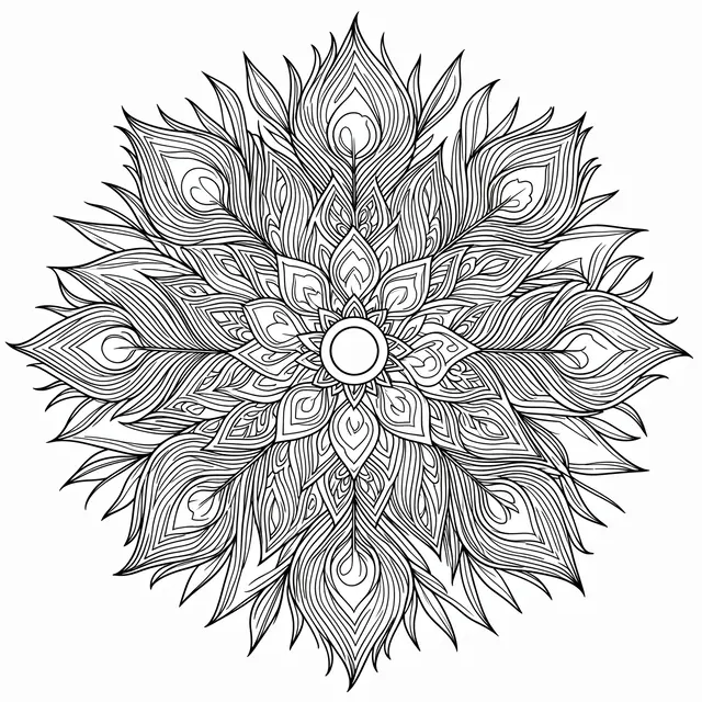 Intricate black and white peacock feather mandala line art on a plain white background