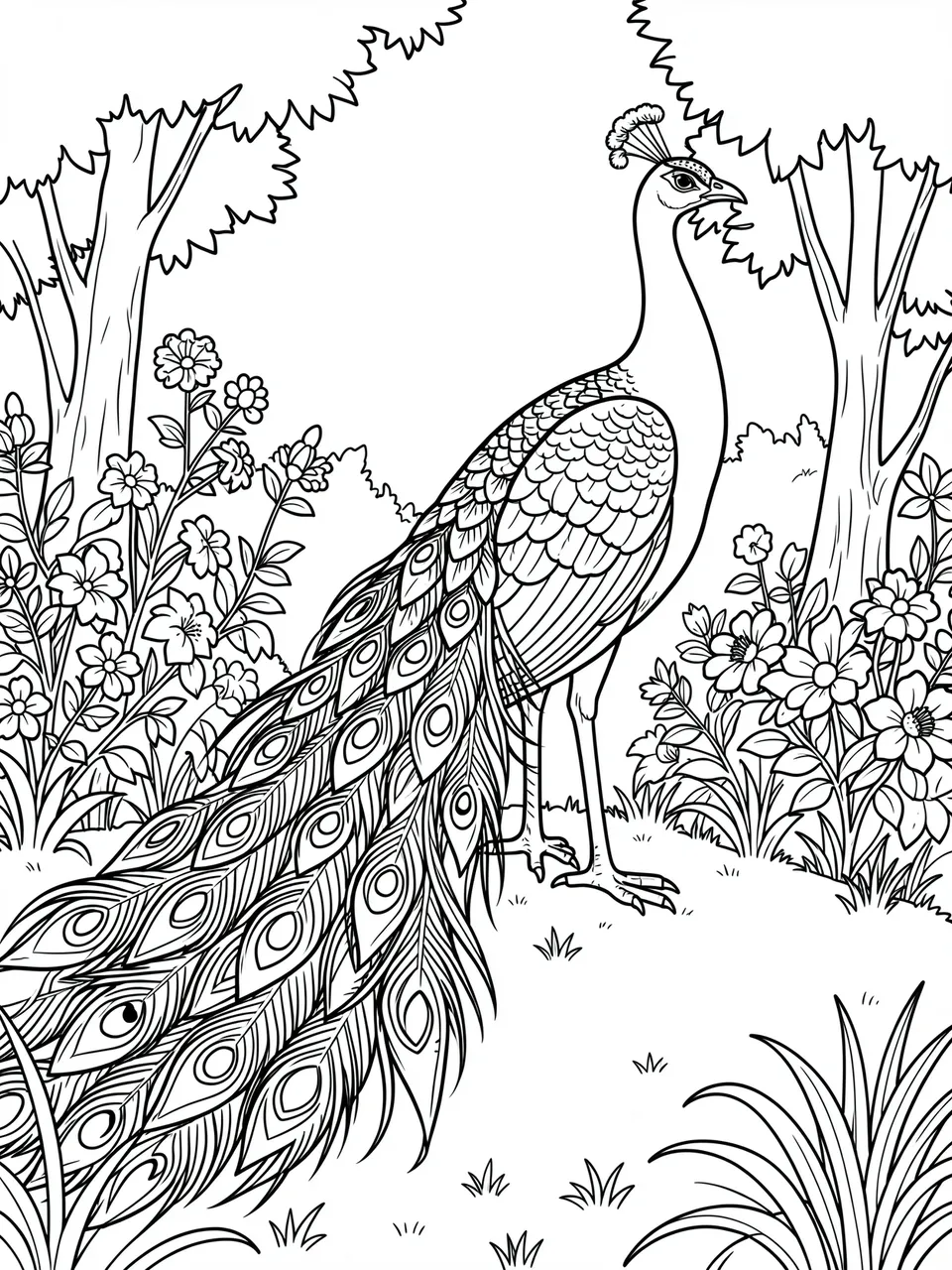 Black and white bold line art of a peacock with a long trailing tail standing in a flowered garden