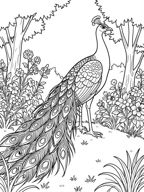 Black and white bold line art of a peacock with a long trailing tail standing in a flowered garden