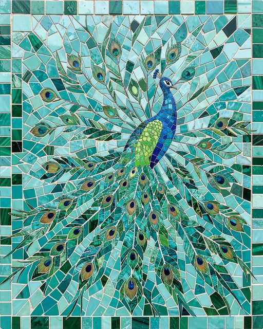 Intricate glass tile mosaic of a peacock with a fully fanned sweeping turquoise and emerald tail