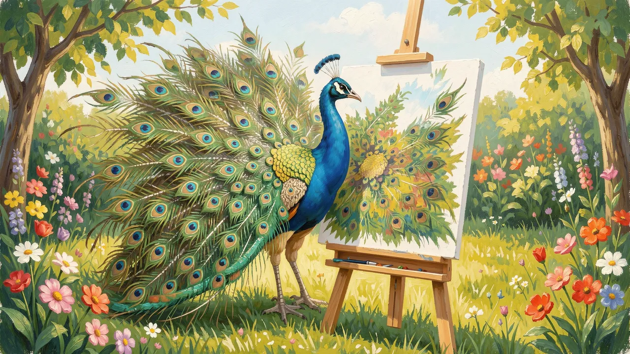 A gouache painted peacock stands at an easel painting its own tail feathers in a bright flower-filled garden