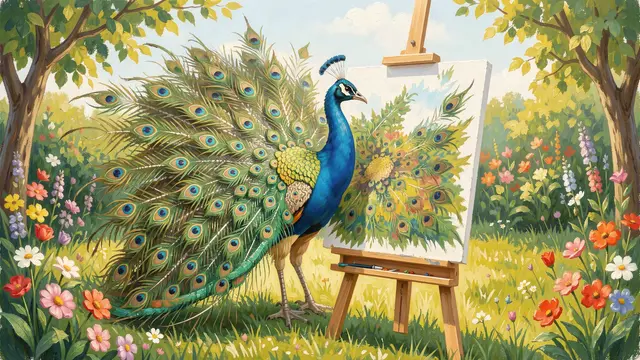 A gouache painted peacock stands at an easel painting its own tail feathers in a bright flower-filled garden