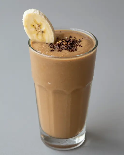 A tall glass of peanut butter banana smoothie topped with a banana slice and cacao nibs on a gray background