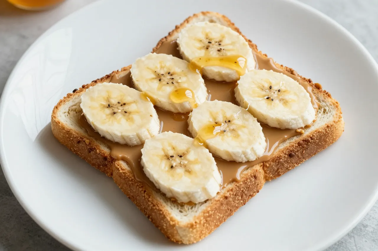Top-down view of toast topped with peanut butter, banana slices and honey drizzle on a white plate