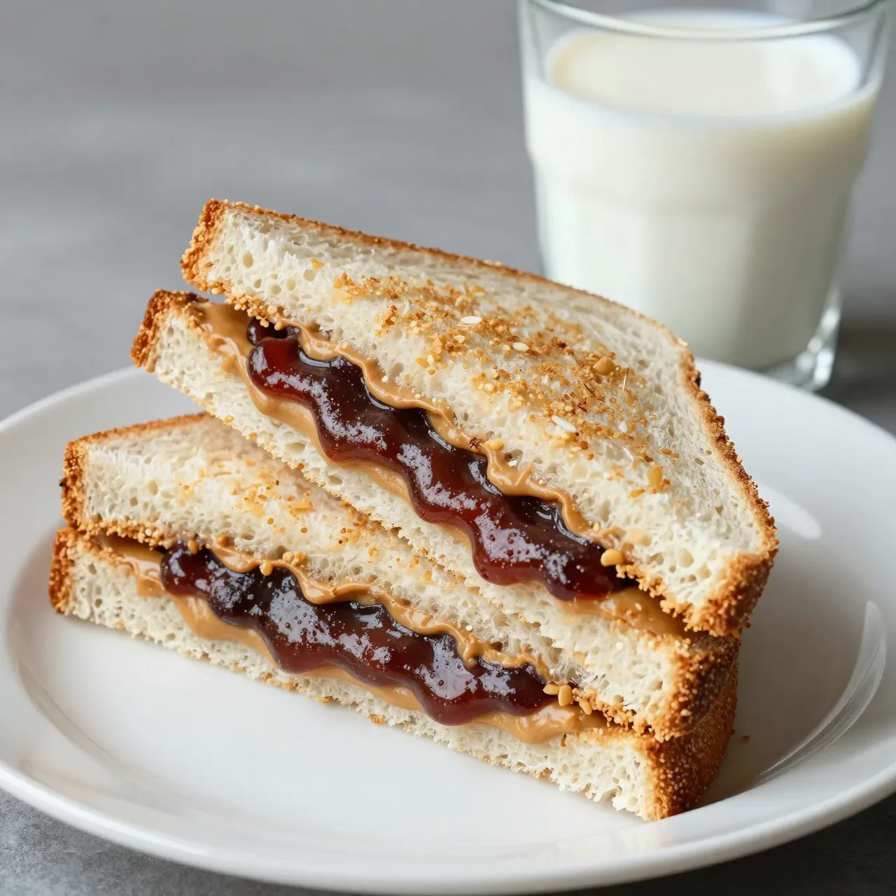 Stacked diagonal cut peanut butter and jelly sandwich on a white plate beside a glass of milk