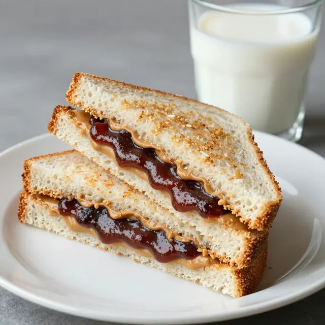Stacked diagonal cut peanut butter and jelly sandwich on a white plate beside a glass of milk