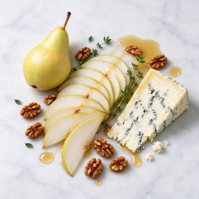 Overhead view of sliced pear, blue cheese, walnuts, honey and thyme arranged on pale marble