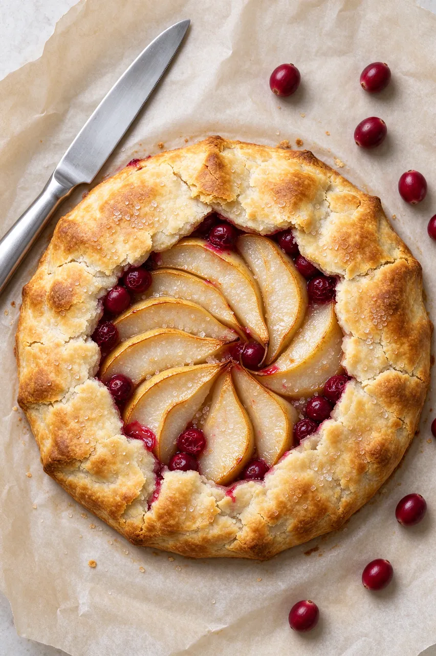 Top down view of a pear and cranberry galette with a knife and scattered cranberries on parchment paper