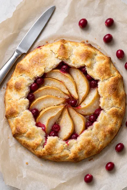 Top down view of a pear and cranberry galette with a knife and scattered cranberries on parchment paper