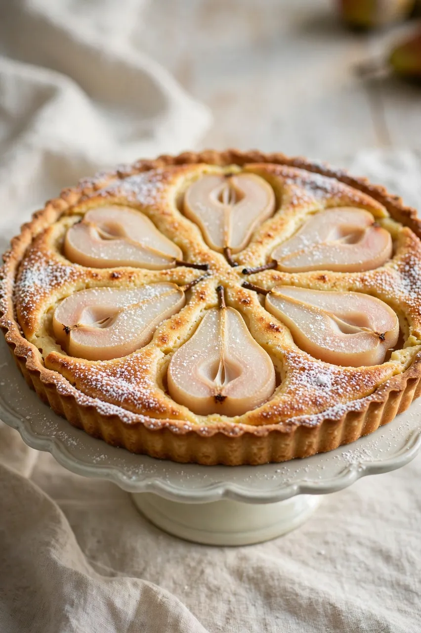 A powdered sugar dusted pear frangipane tart rests on an ivory ceramic cake stand over linen fabric