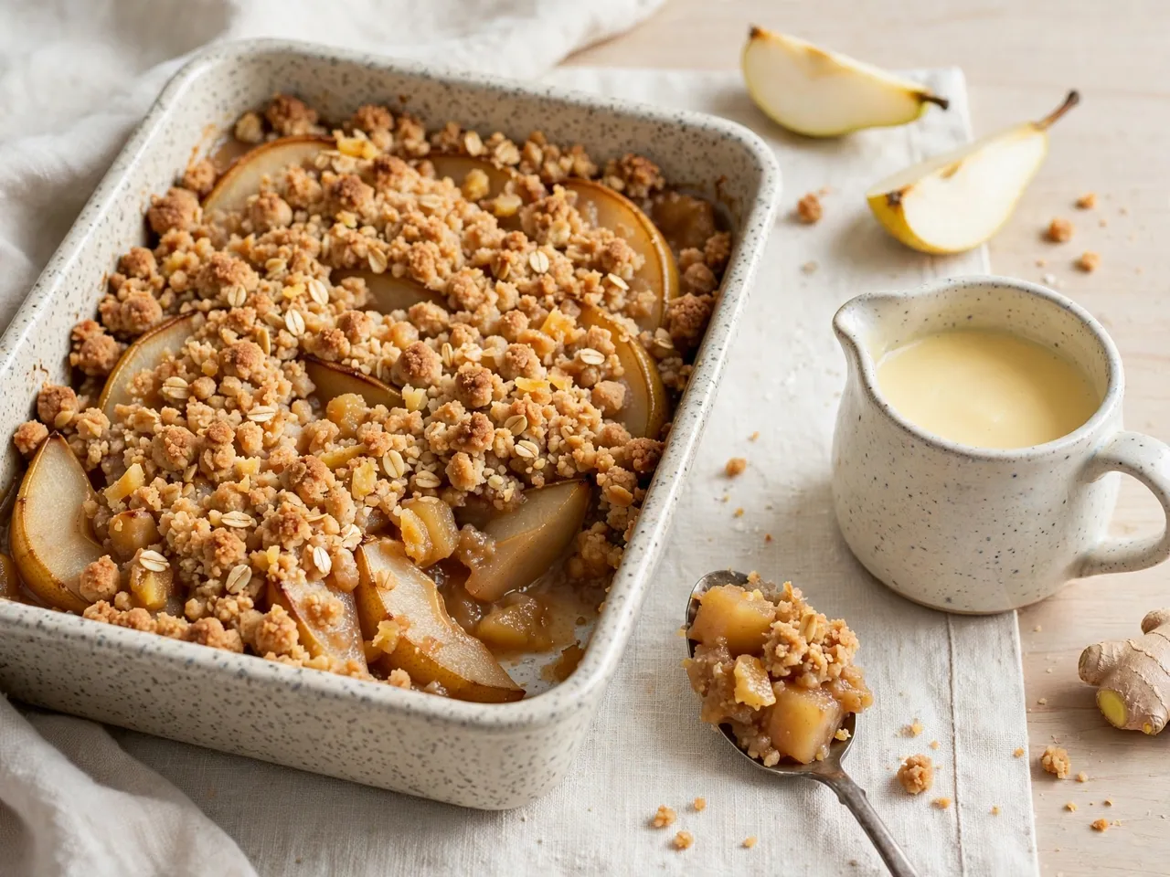 Baked pear and ginger crumble in a speckled dish with custard jug, serving spoon and fresh ingredients arranged nearby
