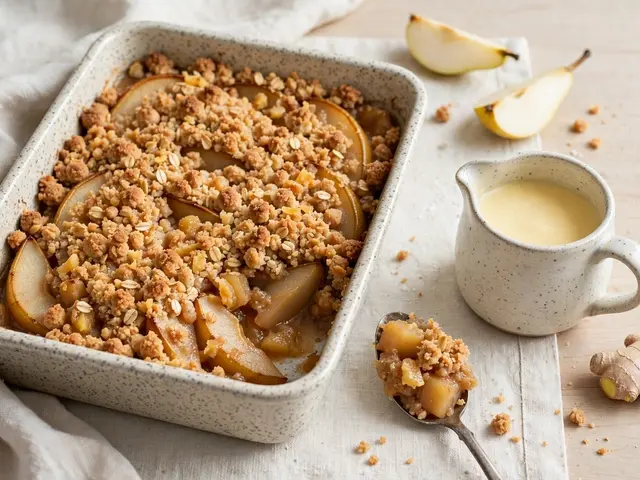Baked pear and ginger crumble in a speckled dish with custard jug, serving spoon and fresh ingredients arranged nearby
