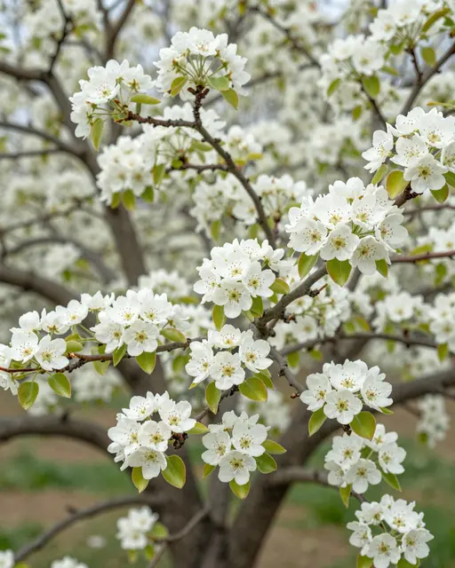 Close up of dense white pear blossom clusters on tree branches with soft blurred garden background