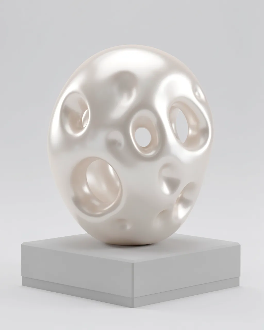 Pearl-white organic abstract sculpture with smooth openings rests on a pale gray square plinth