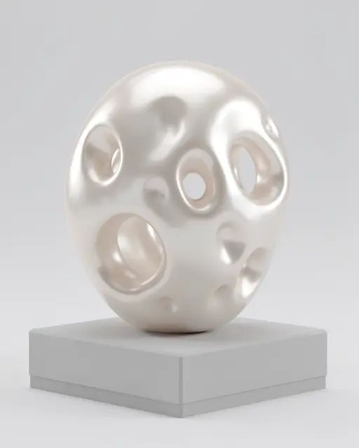 Pearl-white organic abstract sculpture with smooth openings rests on a pale gray square plinth