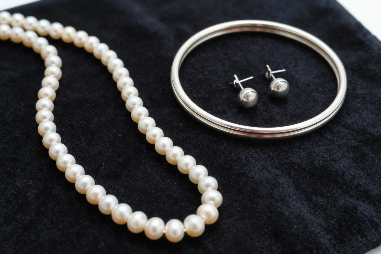 Pearl strand, silver bangle and stud earrings arranged on a dark velvet surface