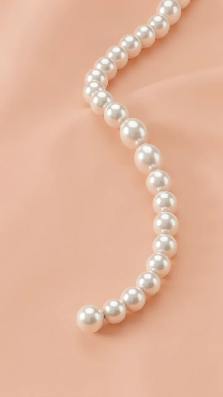A curved strand of glossy white pearl beads rests on soft draped peach fabric.