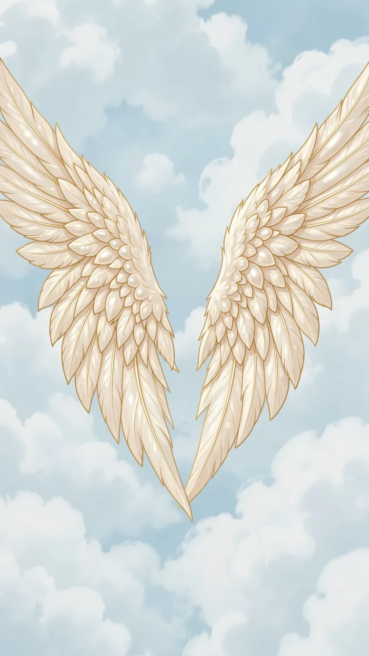 Symmetrical pearl and gold feathered angel wings set against soft pale blue fluffy clouds