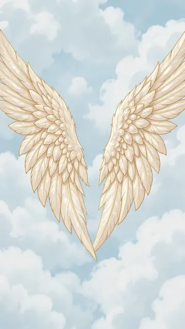 Symmetrical pearl and gold feathered angel wings set against soft pale blue fluffy clouds