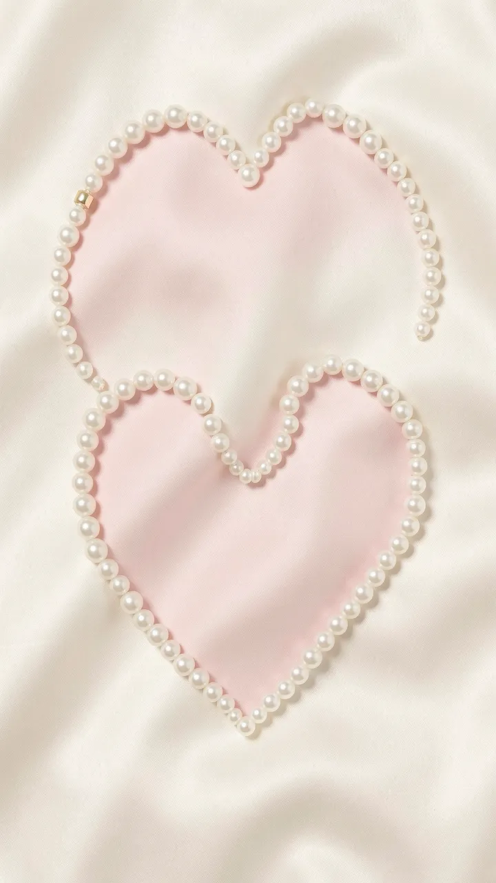 Two hearts shaped from pearl strands rest on soft draped ivory silk over pale pink fabric.
