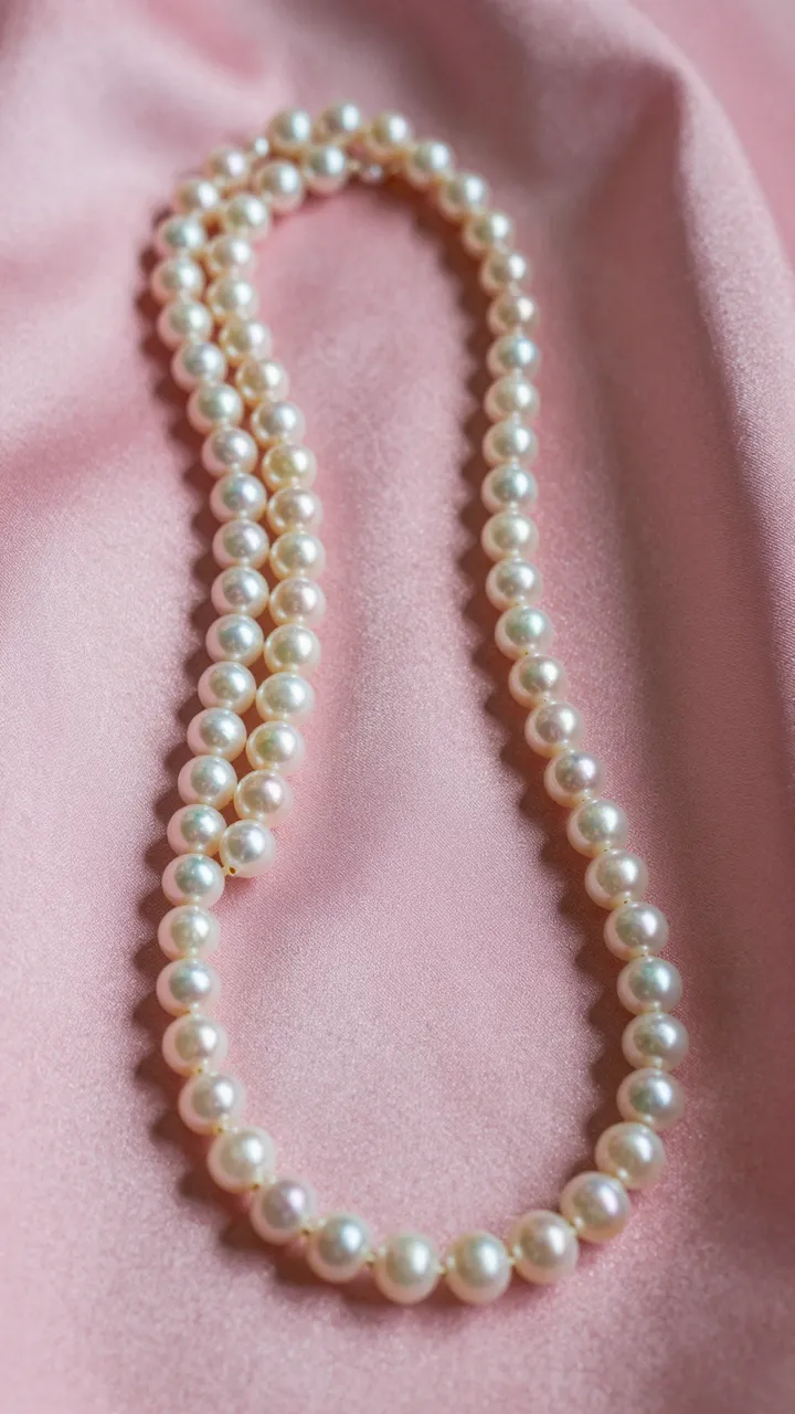 Coiled pearl necklaces rest gently on soft draped pink silk fabric.