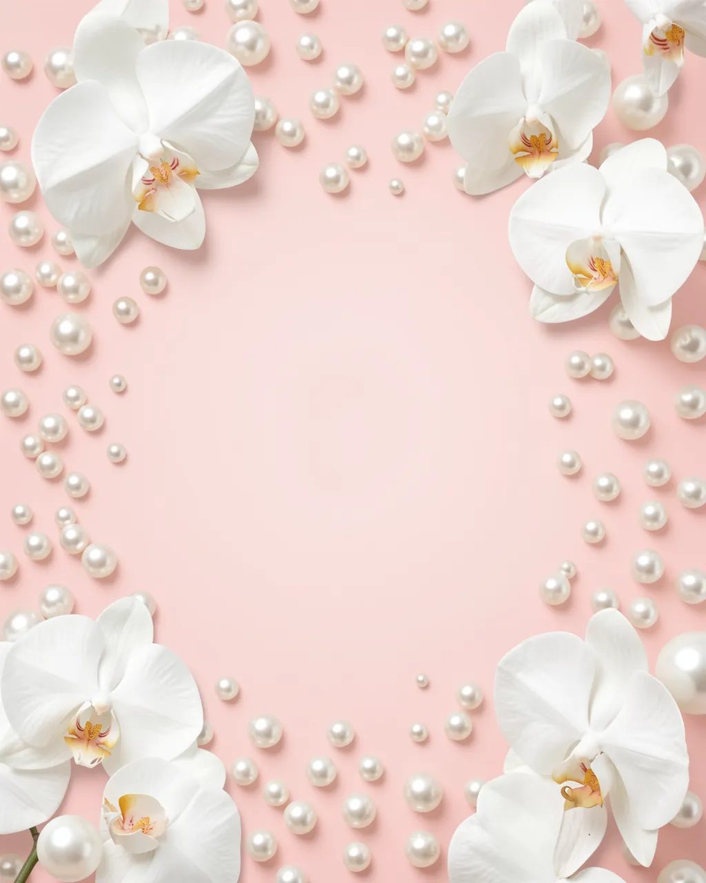 Scattered white pearls and moth orchid flowers frame an empty soft blush pink center background