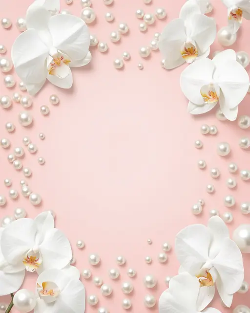 Scattered white pearls and moth orchid flowers frame an empty soft blush pink center background