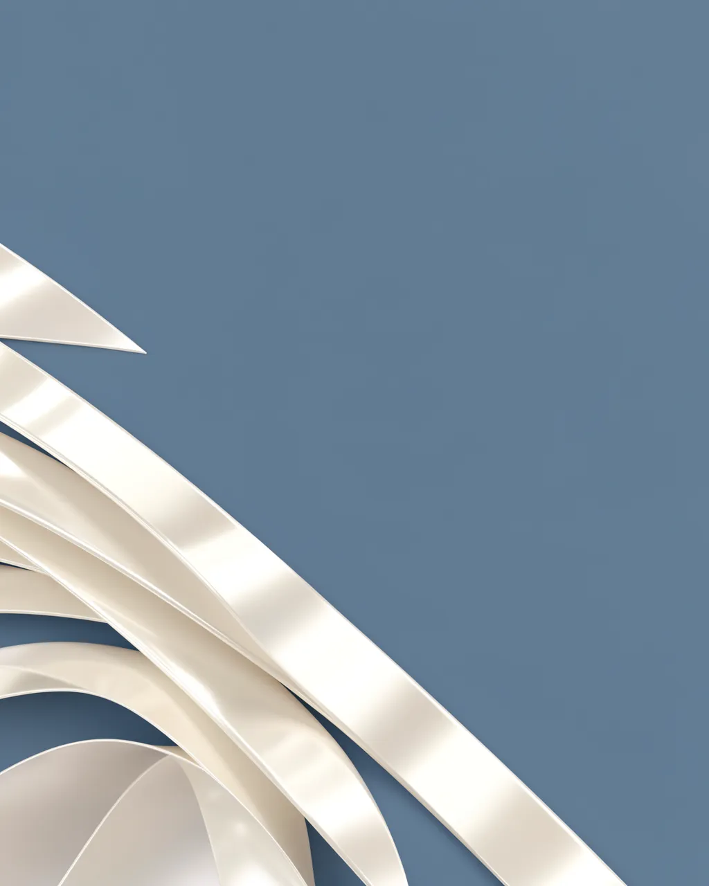 Glossy pearl-white gradient ribbons fan out from the lower left corner against a solid dusty blue background.