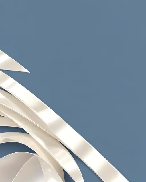 Glossy pearl-white gradient ribbons fan out from the lower left corner against a solid dusty blue background.