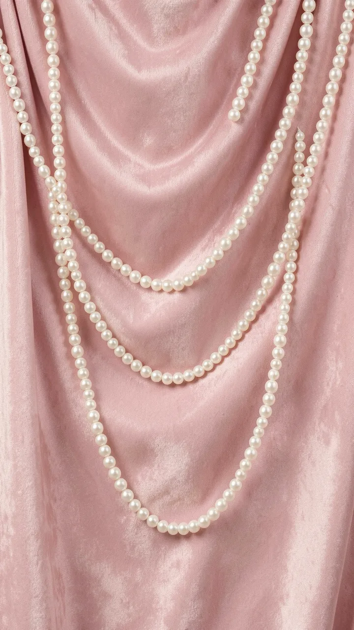 Layered white pearl strands draped softly over folded blush pink velvet fabric