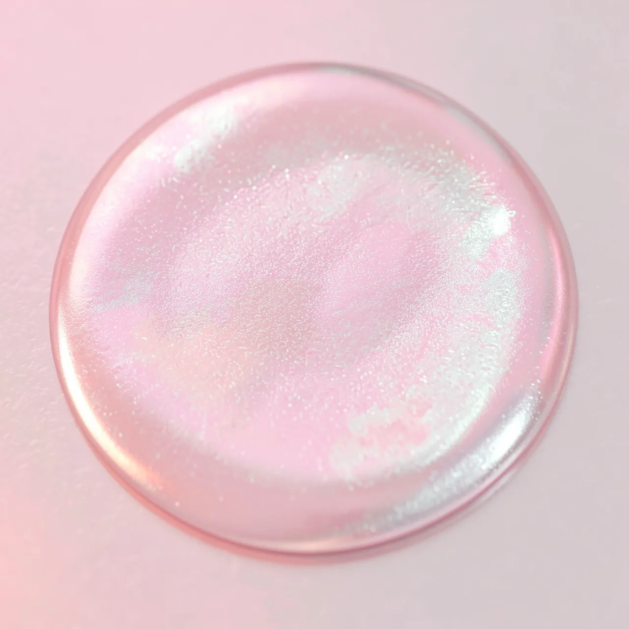 A close-up of a round pearlescent pink and silver liquid droplet resting on a soft pink surface