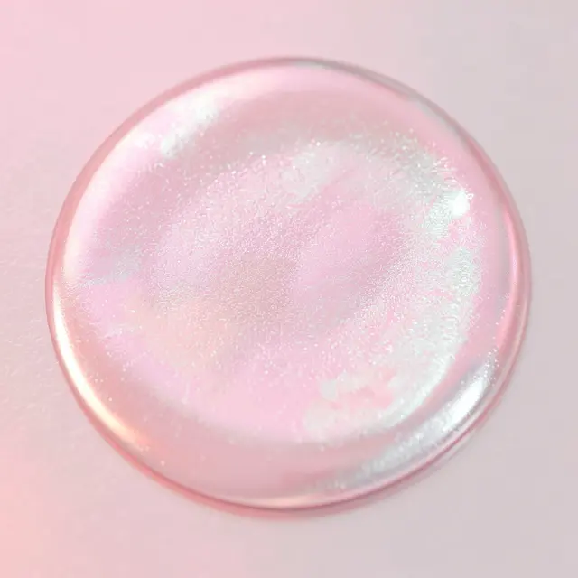 A close-up of a round pearlescent pink and silver liquid droplet resting on a soft pink surface