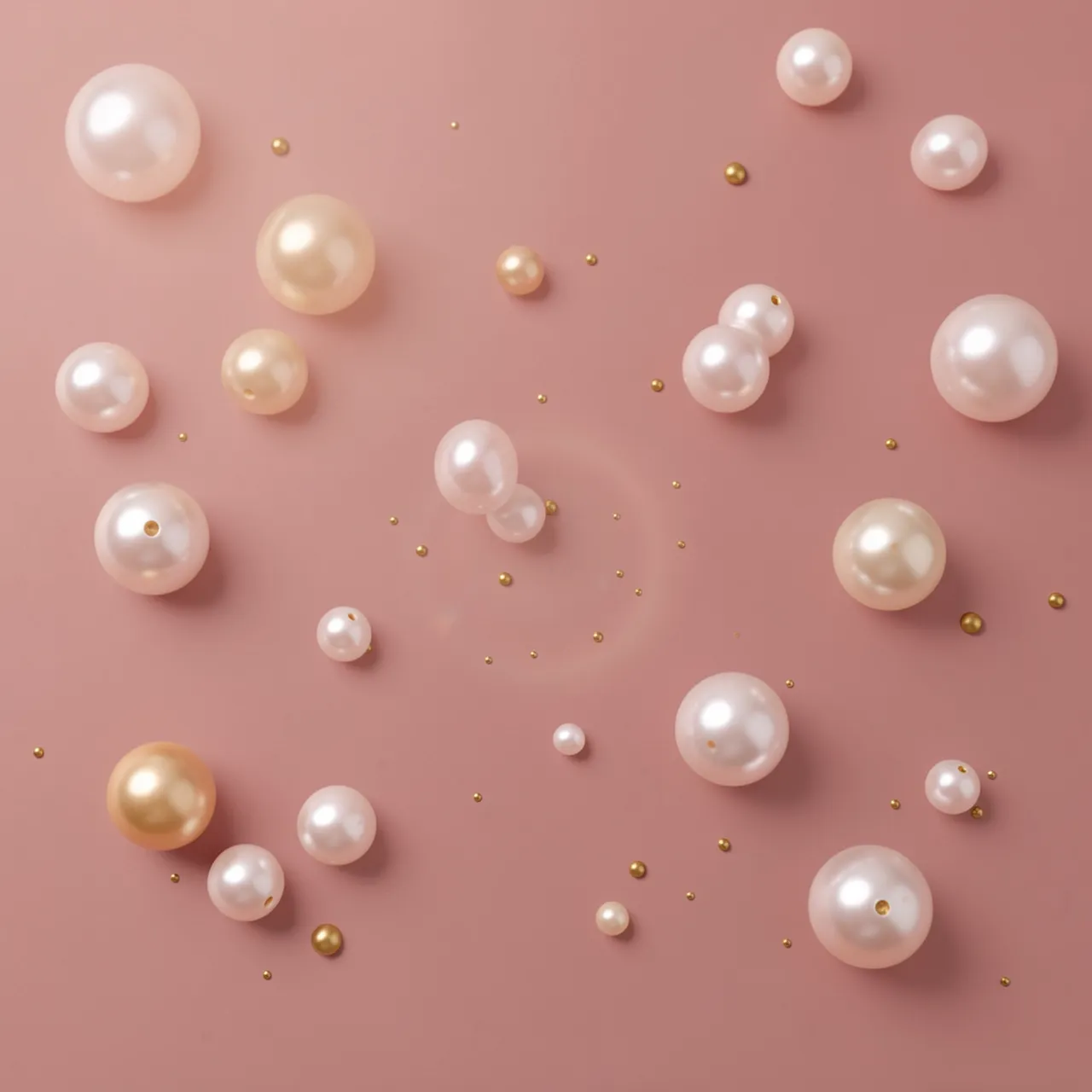 Scattered soft glowing pearls and tiny gold beads rest on a dusty pink surface