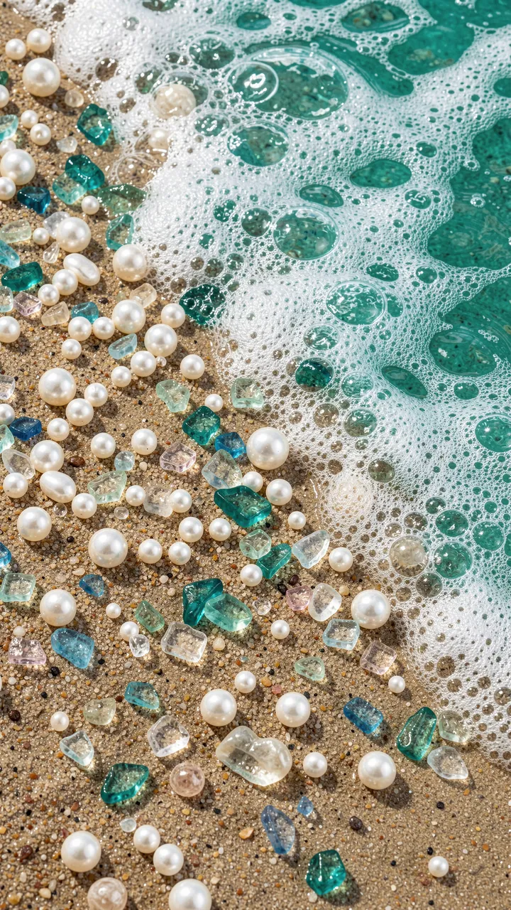 Turquoise ocean foam washes over white pearls and sea glass scattered on wet golden sand.