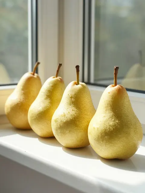 Four pale yellow pears stand in a neat row on a bright white sunlit windowsill.