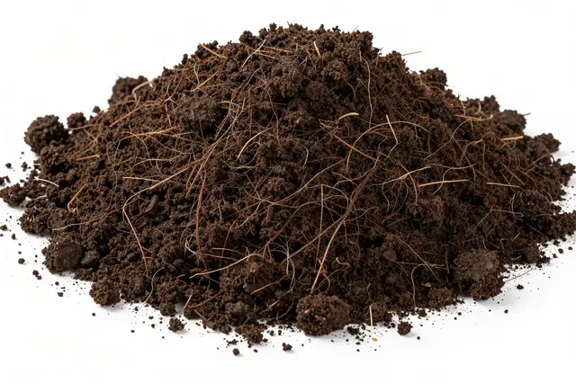 A pile of dark fibrous peat soil with thin light brown roots on a plain white background